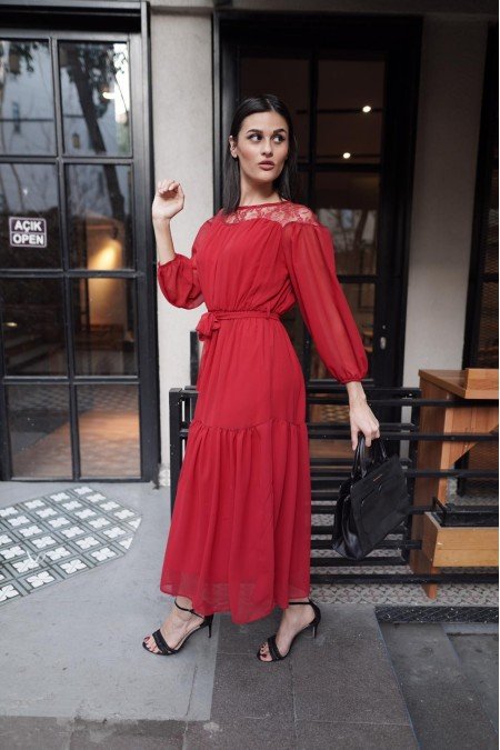 Kırmızı Elbise Şifon Kumaş
