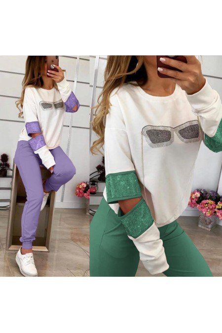 Lila Eşofman Takım Taş İşlemeli