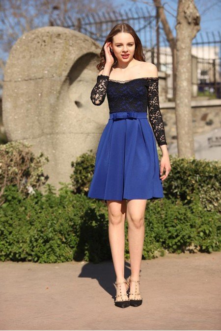 Mavi Siyah Elbise Dantelli Mavi Siyah Elbise Dantelli