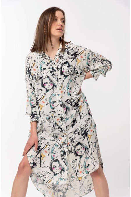 Desenli Gömlek Elbise Viscon Kumaş Desenli Gömlek Elbise Viscon Kumaş