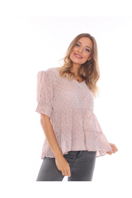 Pudra Bluz Taş İşlemeli