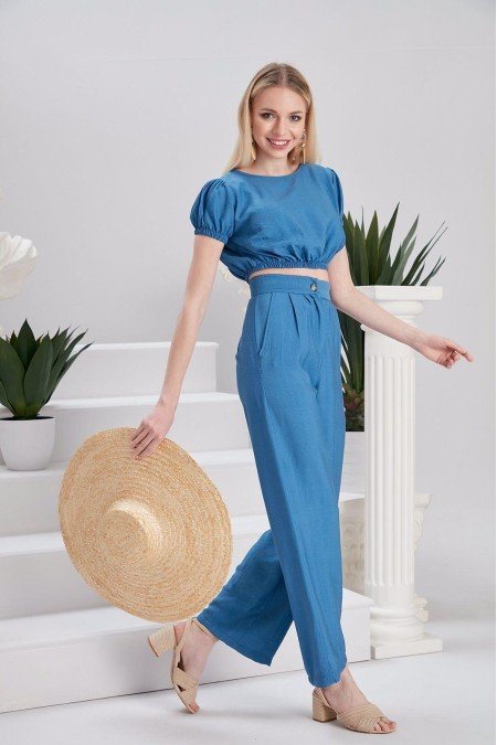 Mavi Takım Keten Kumaş