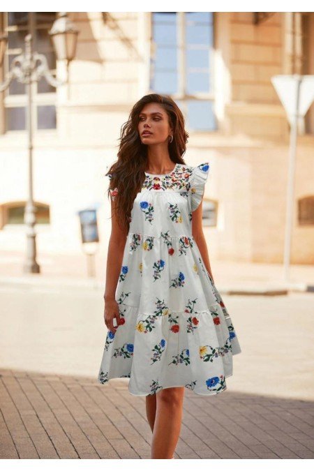 Beyaz Desenli Elbise Poplin Kumaş Beyaz Desenli Elbise Poplin Kumaş