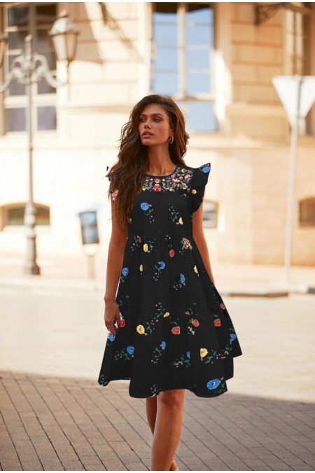 Siyah Desenli Elbise Poplin Kumaş