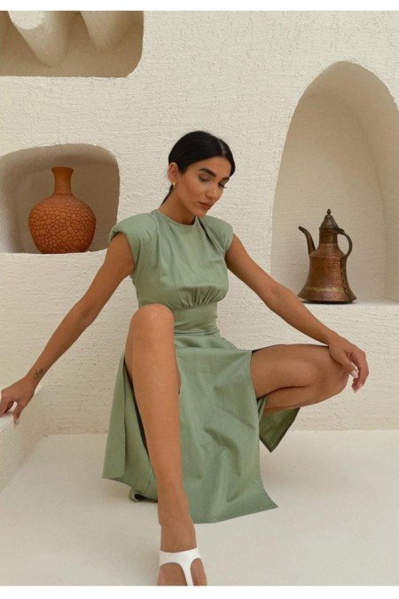 Yeşil Elbise Keten Kumaş