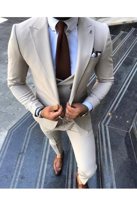Krem Erkek Takım Elbise 3 Lü