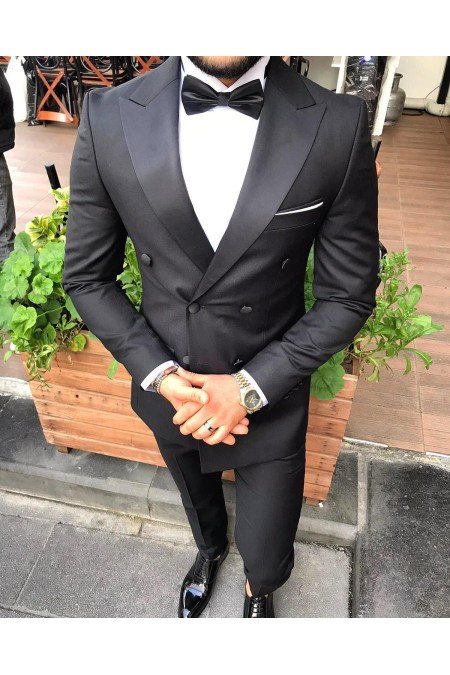 Siyah Erkek Takım Elbise Mendil Papyon Dahil