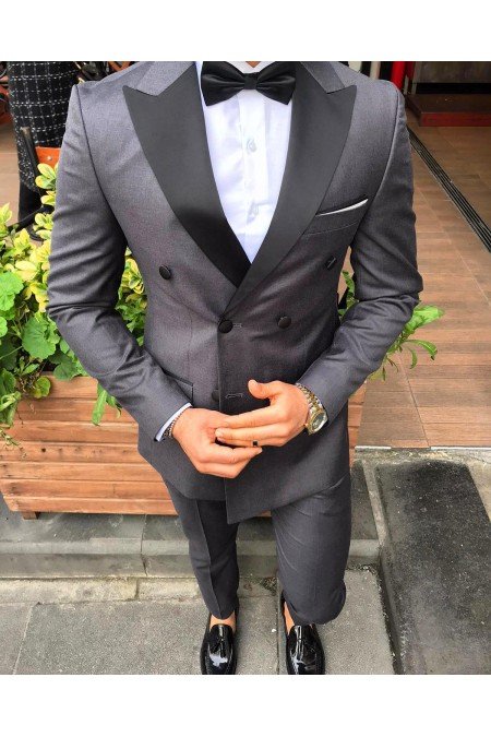 Gri Erkek Takım Elbise Mendil Papyon Dahil